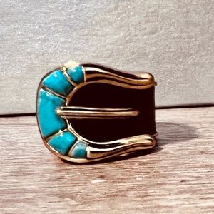 Barse Turquoise/Leather/Bronze Belt Buckle Ring